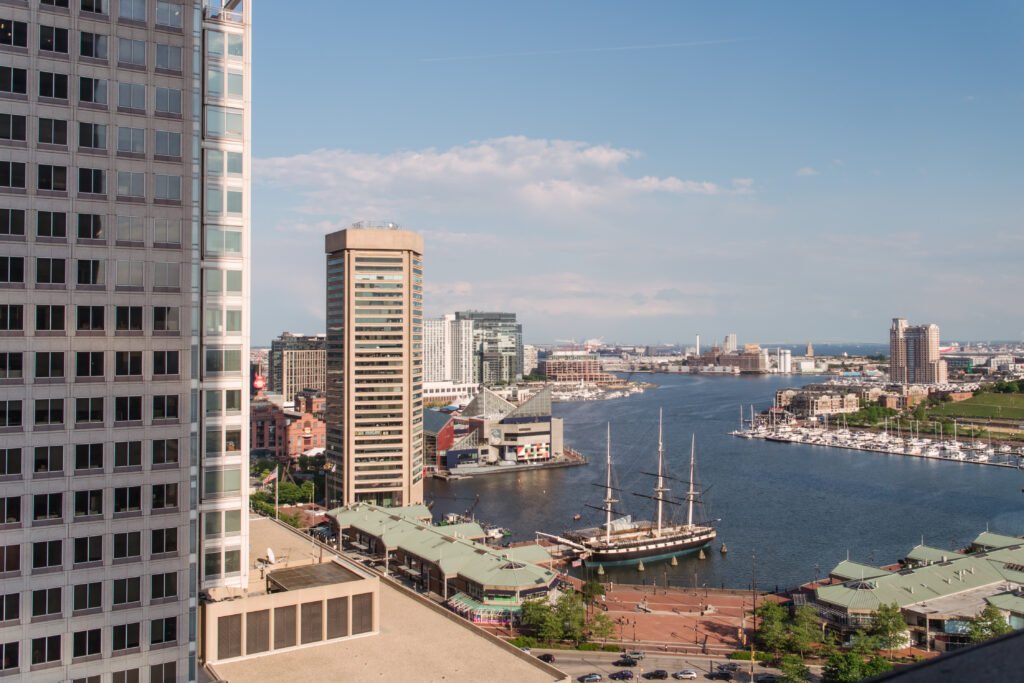 Baltimore city skyline view from above the inner harbor
