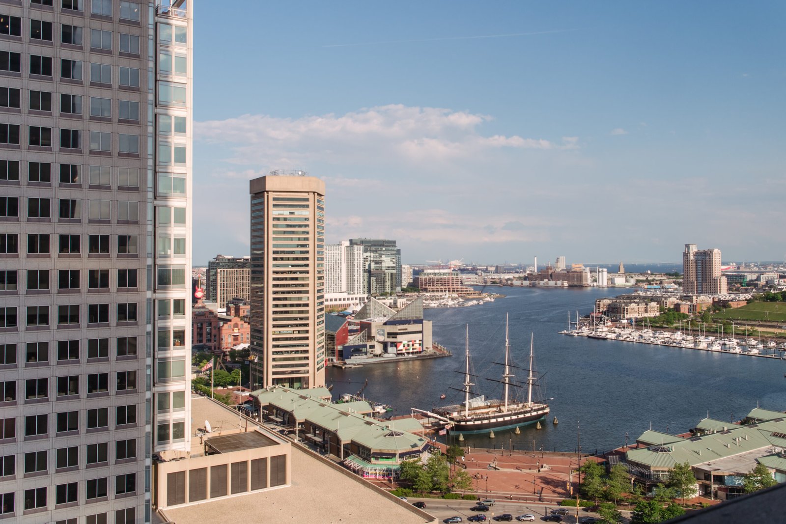 Baltimore city skyline view from above the inner harbor